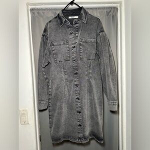 NA-KD Gray Gathered Waist Denim Button-Up Dress Size 38